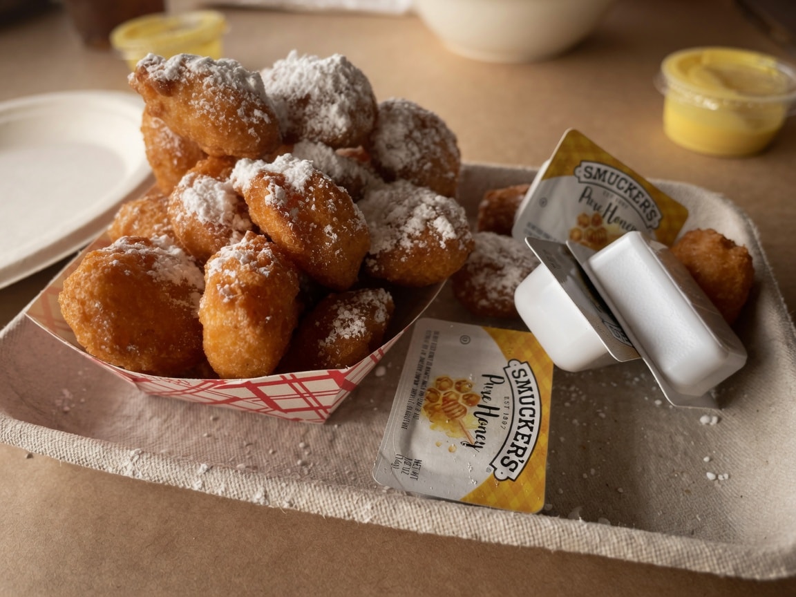 Corn fritters dusted with powdered sugar and served with honey