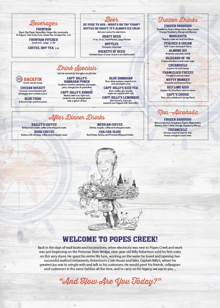 Capt Billy's Crab House menu page 2 — beverages, beer, frozen drinks, drink specials, after dinner drinks